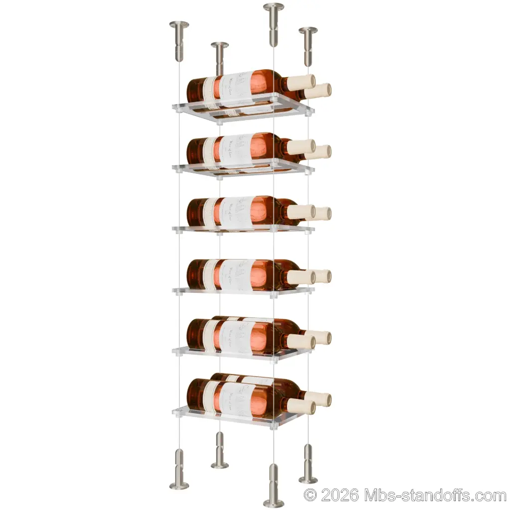 Sauvignon - Loire Collection Bottle Display Cable Cradle Kit, 12-Bottle (2x6) Capacity, Floating Cable System, 2-Bottle Flat Acrylic Cradle, Cable: 1/16″ Diameter, 13′-1″ Length with Satin Brushed Hanger