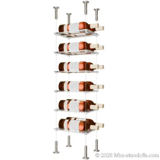 [CS15SS-CF02C-K6] Sauvignon - Loire Collection Bottle Display Cable Cradle Kit, 12-Bottle (2x6) Capacity, Floating Cable System, 2-Bottle Flat Acrylic Cradle, Cable: 1/16″ Diameter, 13′-1″ Length with Satin Brushed Hanger