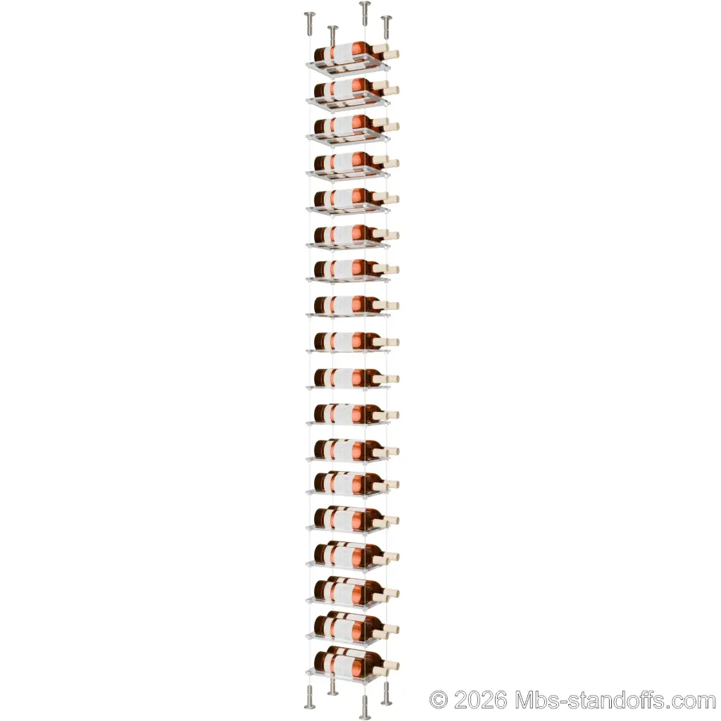 Sauvignon - Loire Collection Bottle Display Cable Cradle Kit, 36-Bottle (2x18) Capacity, Floating Cable System, 2-Bottle Flat Acrylic Cradle, Cable: 1/16″ Diameter, 13′-1″ Length with Satin Brushed Hanger