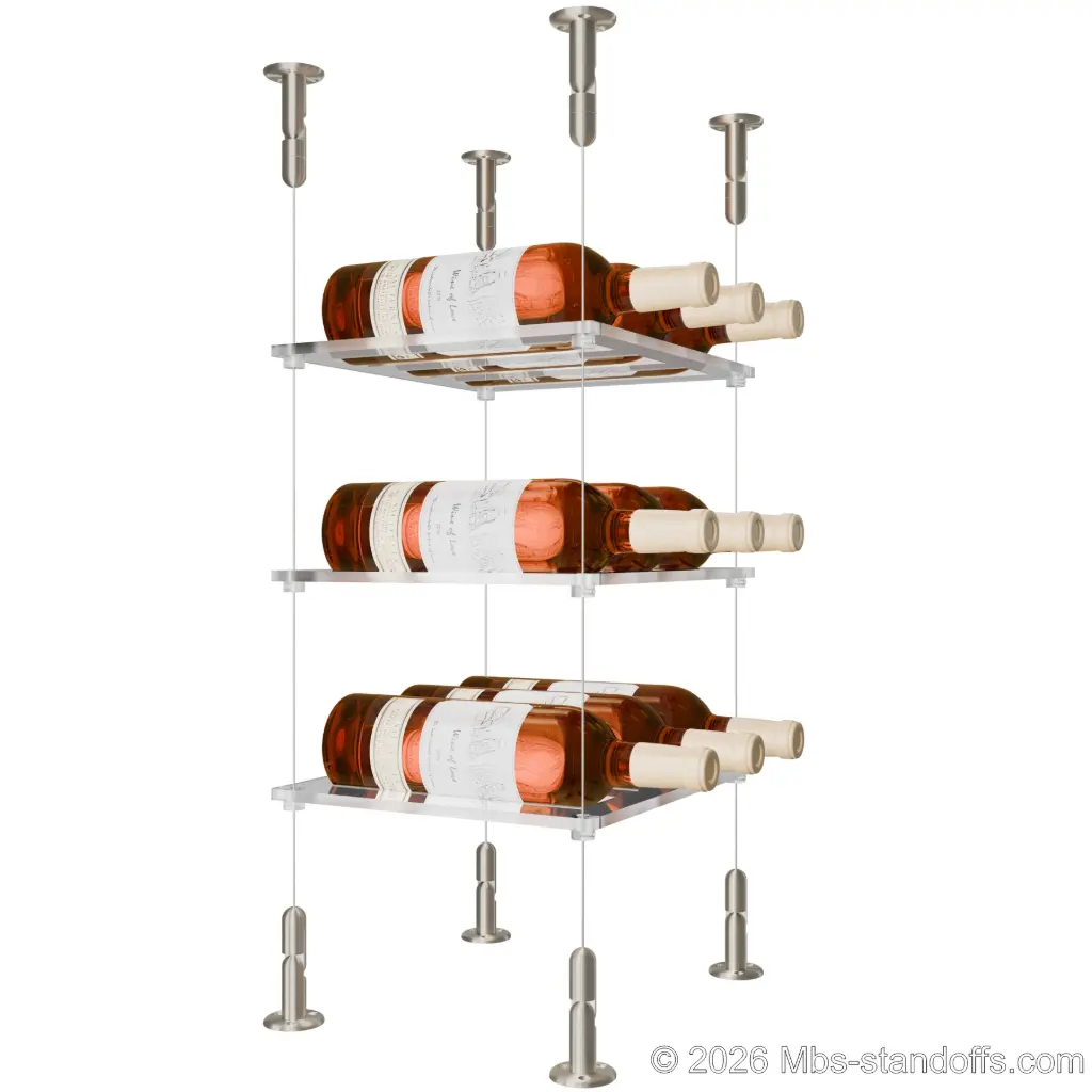 Sauvignon - Loire Collection Bottle Display Cable Cradle Kit, 9-Bottle (3x3) Capacity, Floating Cable System, 3-Bottle Flat Acrylic Cradle, Cable: 1/16″ Diameter, 13′-1″ Length with Satin Brushed Hanger