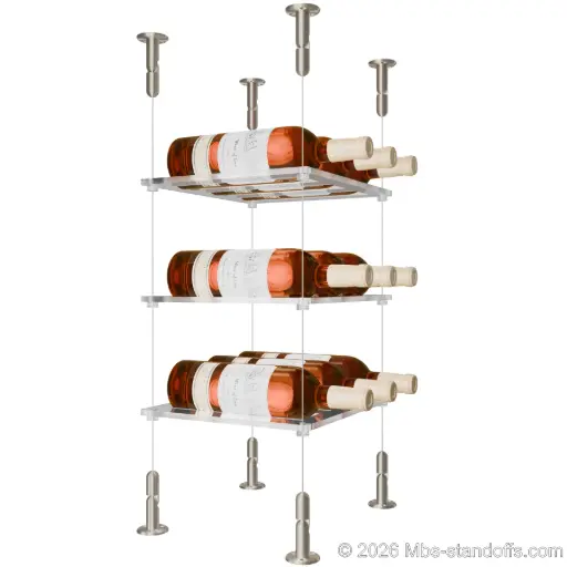 [CS15SS-CF03C-K3] Sauvignon - Loire Collection Bottle Display Cable Cradle Kit, 9-Bottle (3x3) Capacity, Floating Cable System, 3-Bottle Flat Acrylic Cradle, Cable: 1/16″ Diameter, 13′-1″ Length with Satin Brushed Hanger