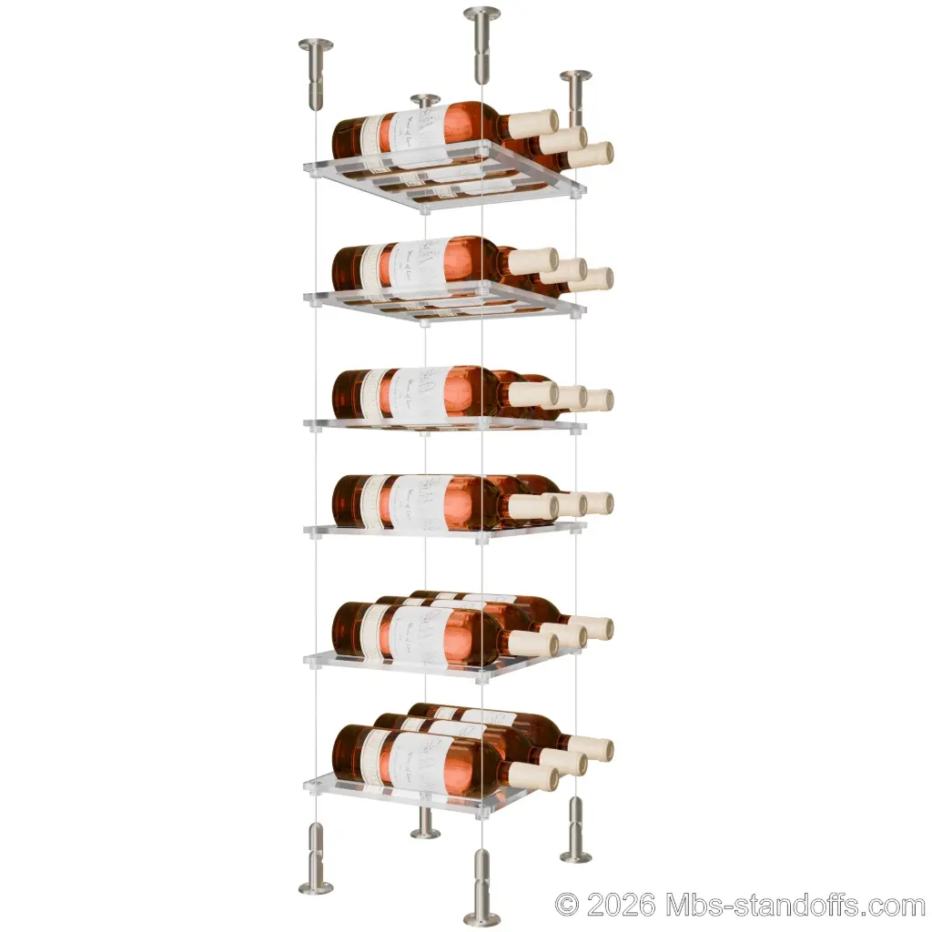 Sauvignon - Loire Collection Bottle Display Cable Cradle Kit, 18-Bottle (3x6) Capacity, Floating Cable System, 3-Bottle Flat Acrylic Cradle, Cable: 1/16″ Diameter, 13′-1″ Length with Satin Brushed Hanger