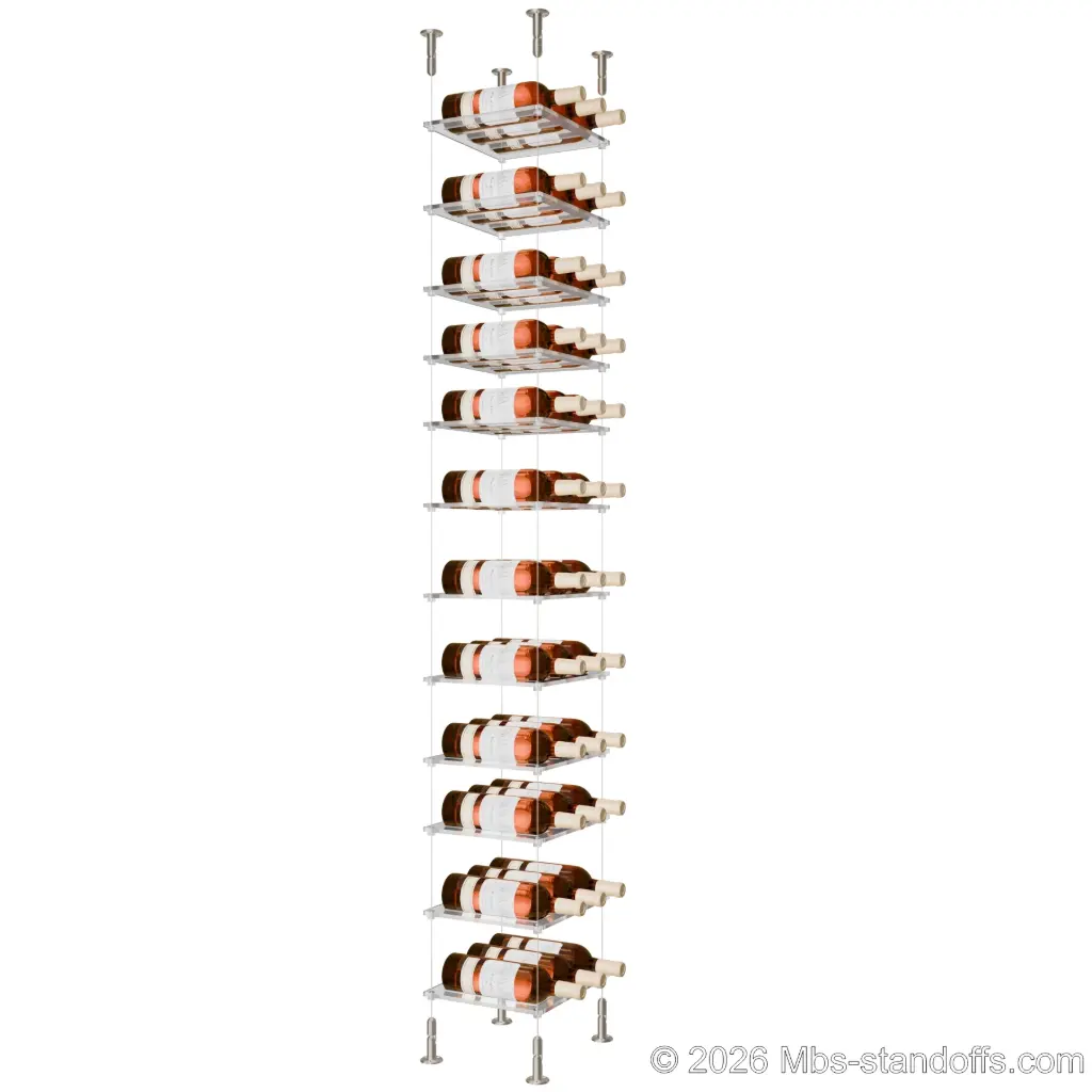 Sauvignon - Loire Collection Bottle Display Cable Cradle Kit, 36-Bottle (3x12) Capacity, Floating Cable System, 3-Bottle Flat Acrylic Cradle, Cable: 1/16″ Diameter, 13′-1″ Length with Satin Brushed Hanger