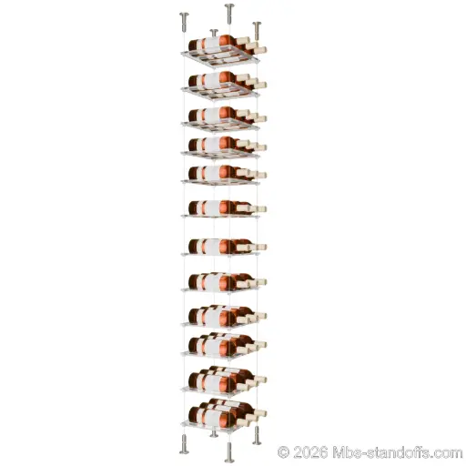 [CS15SS-CF03C-K12] Sauvignon - Loire Collection Bottle Display Cable Cradle Kit, 36-Bottle (3x12) Capacity, Floating Cable System, 3-Bottle Flat Acrylic Cradle, Cable: 1/16″ Diameter, 13′-1″ Length with Satin Brushed Hanger