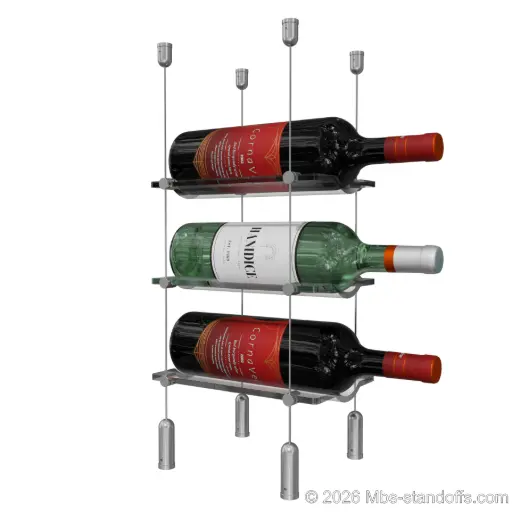 [ACG1904-CW01-K3] Viognier - Côte-Rôtie Collection Bottle Display Cable Cradle Kit, 3-Bottle Capacity, Floating Cable System, 1-Bottle Wave Acrylic Cradle, Cable: 1/16″ Diameter, 13′-1″ Length with Clear Anodized Hanger