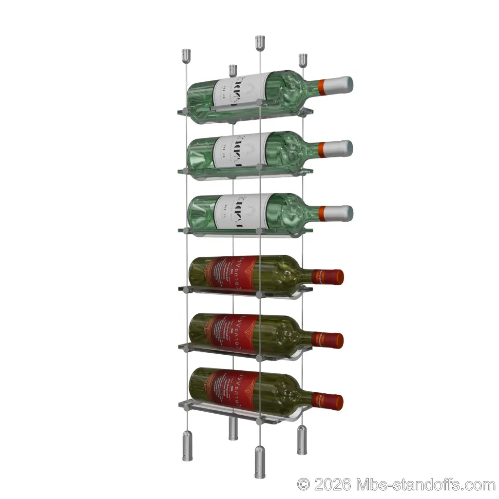 Viognier - Côte-Rôtie Collection Bottle Display Cable Cradle Kit, 6-Bottle Capacity, Floating Cable System, 1-Bottle Wave Acrylic Cradle, Cable: 1/16″ Diameter, 13′-1″ Length with Clear Anodized Hanger