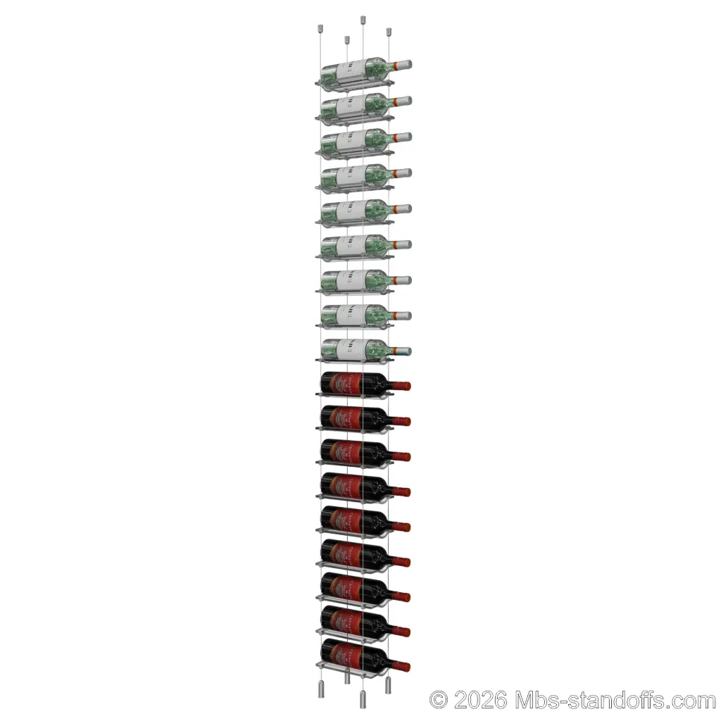 Viognier - Côte-Rôtie Collection Bottle Display Cable Cradle Kit, 18-Bottle Capacity, Floating Cable System, 1-Bottle Wave Acrylic Cradle, Cable: 1/16″ Diameter, 13′-1″ Length with Clear Anodized Hanger