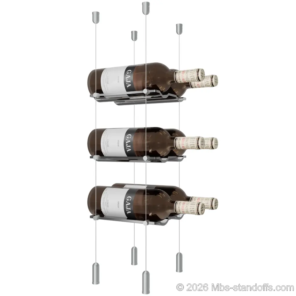 Viognier - Côte-Rôtie Collection Bottle Display Cable Cradle Kit, 6-Bottle (2x3) Capacity, Floating Cable System, 2-Bottle Wave Acrylic Cradle, Cable: 1/16″ Diameter, 13′-1″ Length with Clear Anodized Hanger