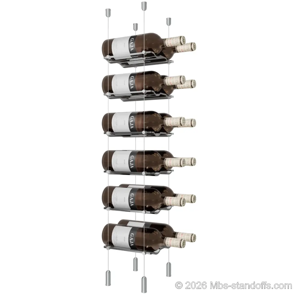 Viognier - Côte-Rôtie Collection Bottle Display Cable Cradle Kit, 12-Bottle (2x6) Capacity, Floating Cable System, 2-Bottle Wave Acrylic Cradle, Cable: 1/16″ Diameter, 13′-1″ Length with Clear Anodized Hanger