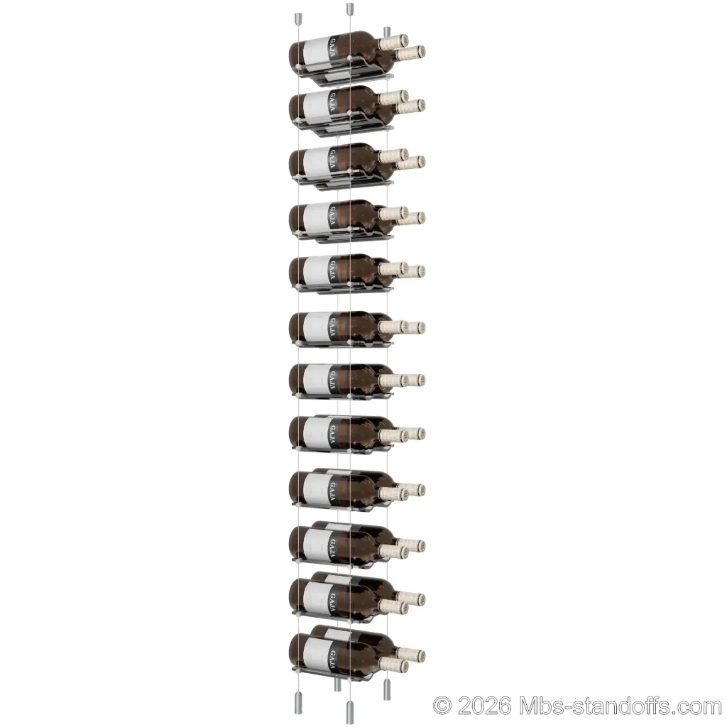 Viognier - Côte-Rôtie Collection Bottle Display Cable Cradle Kit, 24-Bottle (2x12) Capacity, Floating Cable System, 2-Bottle Wave Acrylic Cradle, Cable: 1/16″ Diameter, 13′-1″ Length with Clear Anodized Hanger