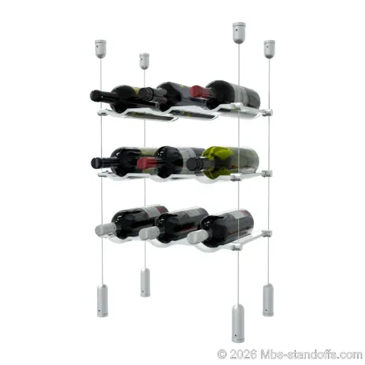 [ACG1904-CW03-K3] Viognier - Côte-Rôtie Collection Bottle Display Cable Cradle Kit, 9-Bottle (3x3) Capacity, Floating Cable System, 3-Bottle Wave Acrylic Cradle, Cable: 1/16″ Diameter, 13′-1″ Length with Clear Anodized Hanger