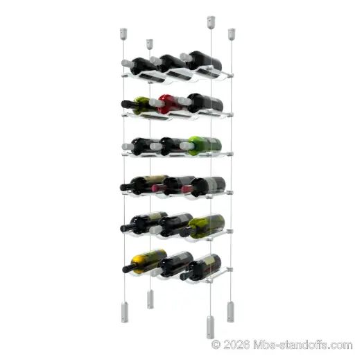 [ACG1904-CW03-K6] Viognier - Côte-Rôtie Collection Bottle Display Cable Cradle Kit, 18-Bottle (3x6) Capacity, Floating Cable System, 3-Bottle Wave Acrylic Cradle, Cable: 1/16″ Diameter, 13′-1″ Length with Clear Anodized Hanger