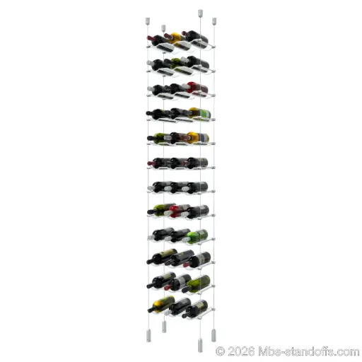 [ACG1904-CW03-K12] Viognier - Côte-Rôtie Collection Bottle Display Cable Cradle Kit, 36-Bottle (3x12) Capacity, Floating Cable System, 3-Bottle Wave Acrylic Cradle, Cable: 1/16″ Diameter, 13′-1″ Length with Clear Anodized Hanger