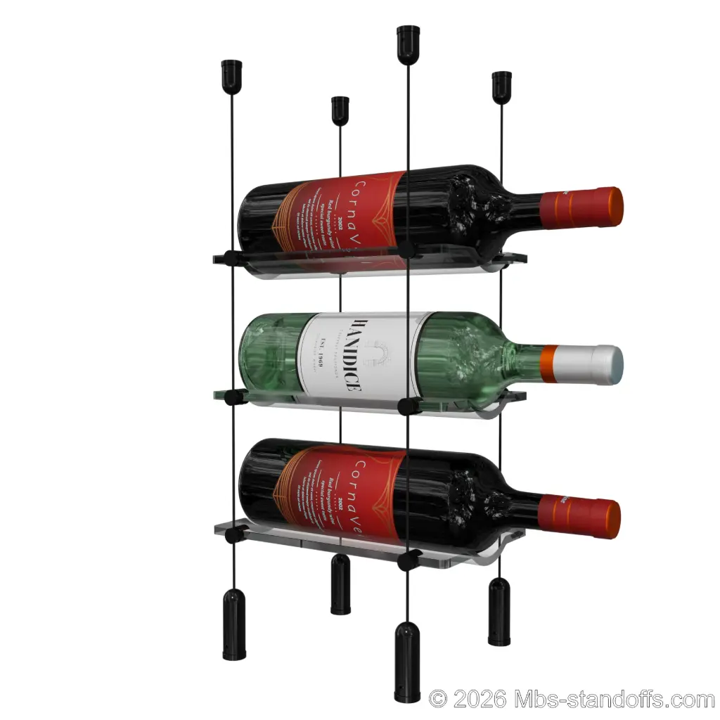 Viognier - Côte-Rôtie Collection Bottle Display Cable Cradle Kit, 3-Bottle Capacity, Floating Cable System, 1-Bottle Wave Acrylic Cradle, Cable: 1/16″ Diameter, 13′-1″ Length with Matte Black Anodized Hanger