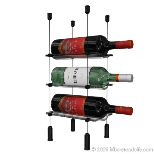 [ACG1904MB-CW01-K3] Viognier - Côte-Rôtie Collection Bottle Display Cable Cradle Kit, 3-Bottle Capacity, Floating Cable System, 1-Bottle Wave Acrylic Cradle, Cable: 1/16″ Diameter, 13′-1″ Length with Matte Black Anodized Hanger