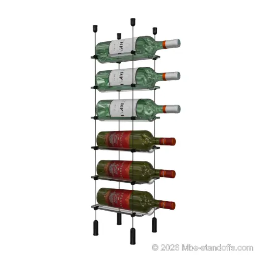 [ACG1904MB-CW01-K6] Viognier - Côte-Rôtie Collection Bottle Display Cable Cradle Kit, 6-Bottle Capacity, Floating Cable System, 1-Bottle Wave Acrylic Cradle, Cable: 1/16″ Diameter, 13′-1″ Length with Matte Black Anodized Hanger