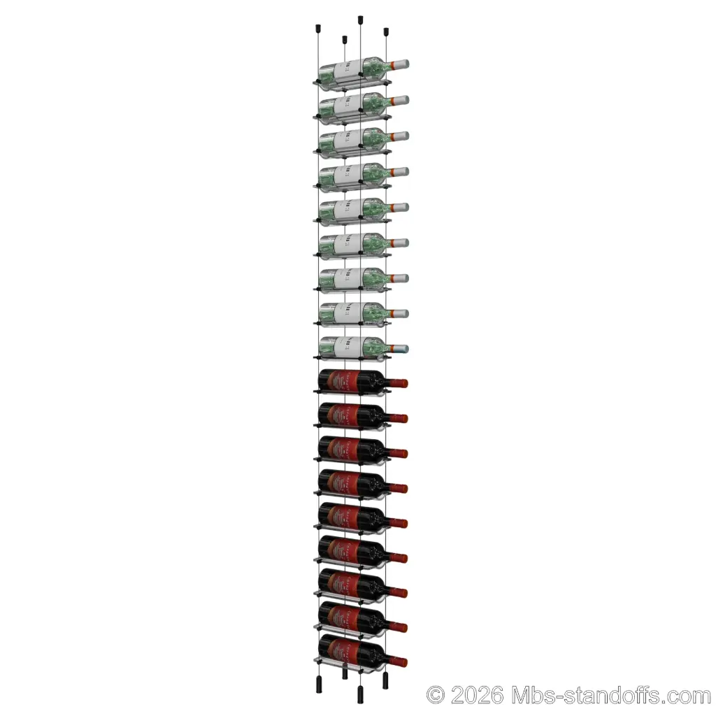 Viognier - Côte-Rôtie Collection Bottle Display Cable Cradle Kit, 18-Bottle Capacity, Floating Cable System, 1-Bottle Wave Acrylic Cradle, Cable: 1/16″ Diameter, 13′-1″ Length with Matte Black Anodized Hanger