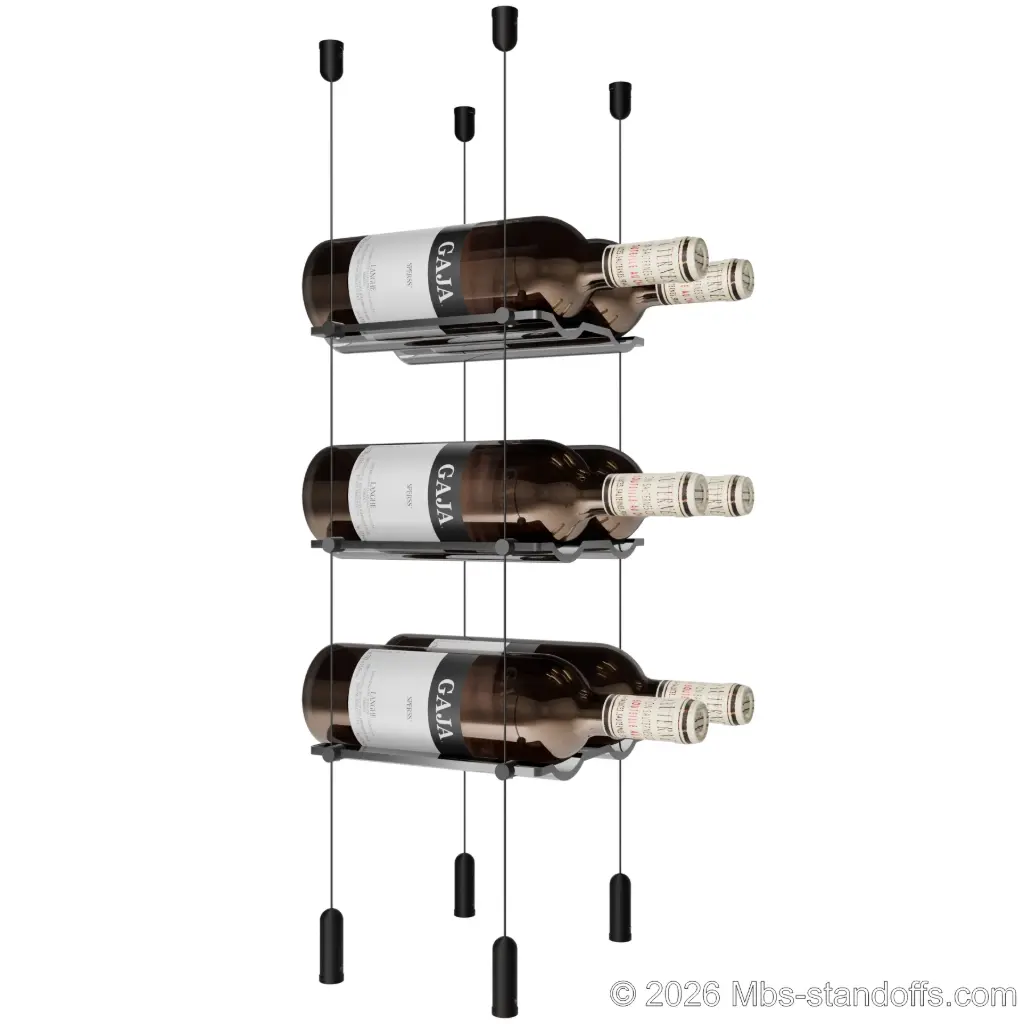Viognier - Côte-Rôtie Collection Bottle Display Cable Cradle Kit, 6-Bottle (2x3) Capacity, Floating Cable System, 2-Bottle Wave Acrylic Cradle, Cable: 1/16″ Diameter, 13′-1″ Length with Matte Black Anodized Hanger