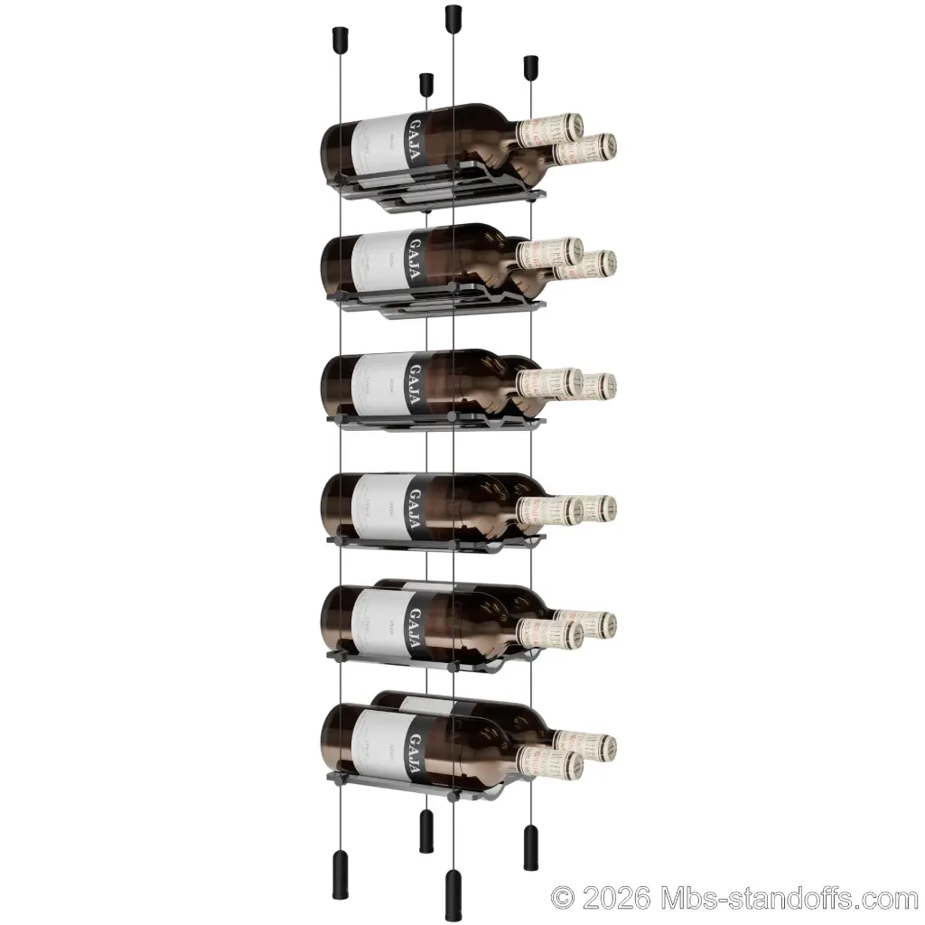 Viognier - Côte-Rôtie Collection Bottle Display Cable Cradle Kit, 12-Bottle (2x6) Capacity, Floating Cable System, 2-Bottle Wave Acrylic Cradle, Cable: 1/16″ Diameter, 13′-1″ Length with Matte Black Anodized Hanger