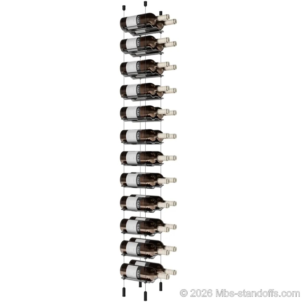 Viognier - Côte-Rôtie Collection Bottle Display Cable Cradle Kit, 24-Bottle (2x12) Capacity, Floating Cable System, 2-Bottle Wave Acrylic Cradle, Cable: 1/16″ Diameter, 13′-1″ Length with Matte Black Anodized Hanger