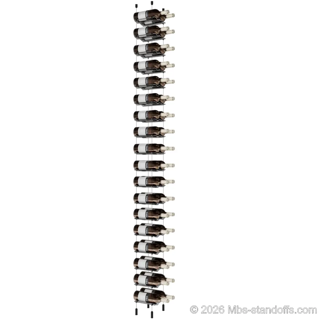 Viognier - Côte-Rôtie Collection Bottle Display Cable Cradle Kit, 36-Bottle (2x18) Capacity, Floating Cable System, 2-Bottle Wave Acrylic Cradle, Cable: 1/16″ Diameter, 13′-1″ Length with Matte Black Anodized Hanger