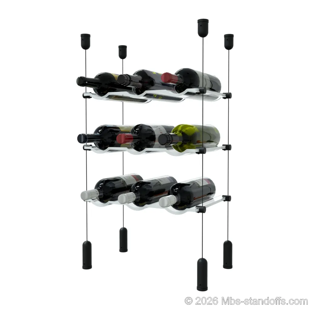 Viognier - Côte-Rôtie Collection Bottle Display Cable Cradle Kit, 9-Bottle (3x3) Capacity, Floating Cable System, 3-Bottle Wave Acrylic Cradle, Cable: 1/16″ Diameter, 13′-1″ Length with Matte Black Anodized Hanger