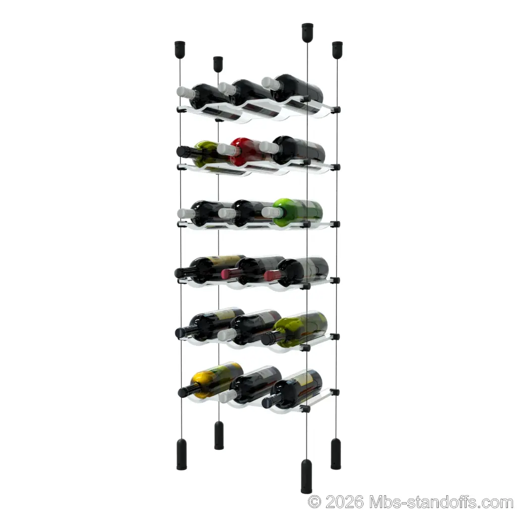 Viognier - Côte-Rôtie Collection Bottle Display Cable Cradle Kit, 18-Bottle (3x6) Capacity, Floating Cable System, 3-Bottle Wave Acrylic Cradle, Cable: 1/16″ Diameter, 13′-1″ Length with Matte Black Anodized Hanger