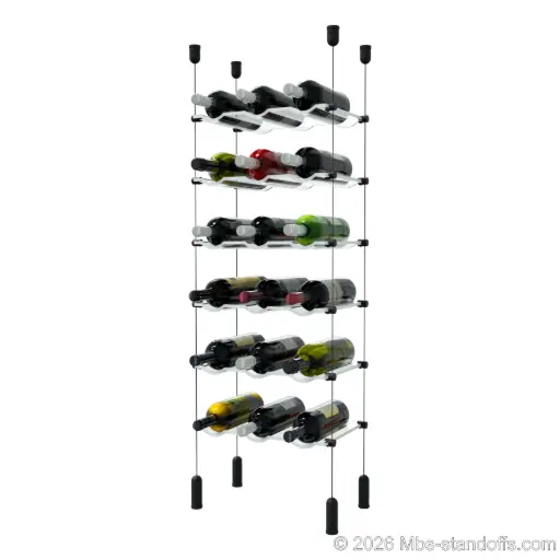 [ACG1904MB-CW03-K6] Viognier - Côte-Rôtie Collection Bottle Display Cable Cradle Kit, 18-Bottle (3x6) Capacity, Floating Cable System, 3-Bottle Wave Acrylic Cradle, Cable: 1/16″ Diameter, 13′-1″ Length with Matte Black Anodized Hanger