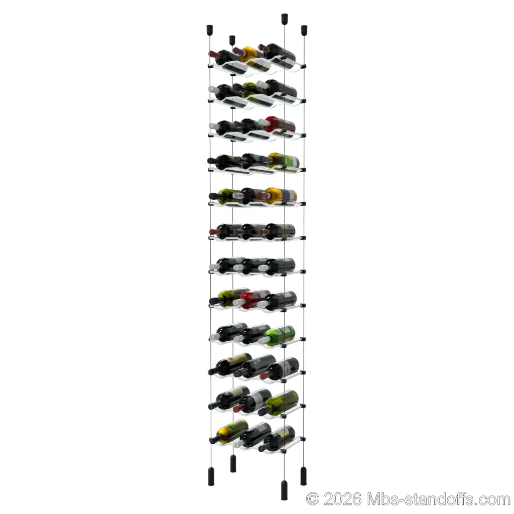 Viognier - Côte-Rôtie Collection Bottle Display Cable Cradle Kit, 36-Bottle (3x12) Capacity, Floating Cable System, 3-Bottle Wave Acrylic Cradle, Cable: 1/16″ Diameter, 13′-1″ Length with Matte Black Anodized Hanger