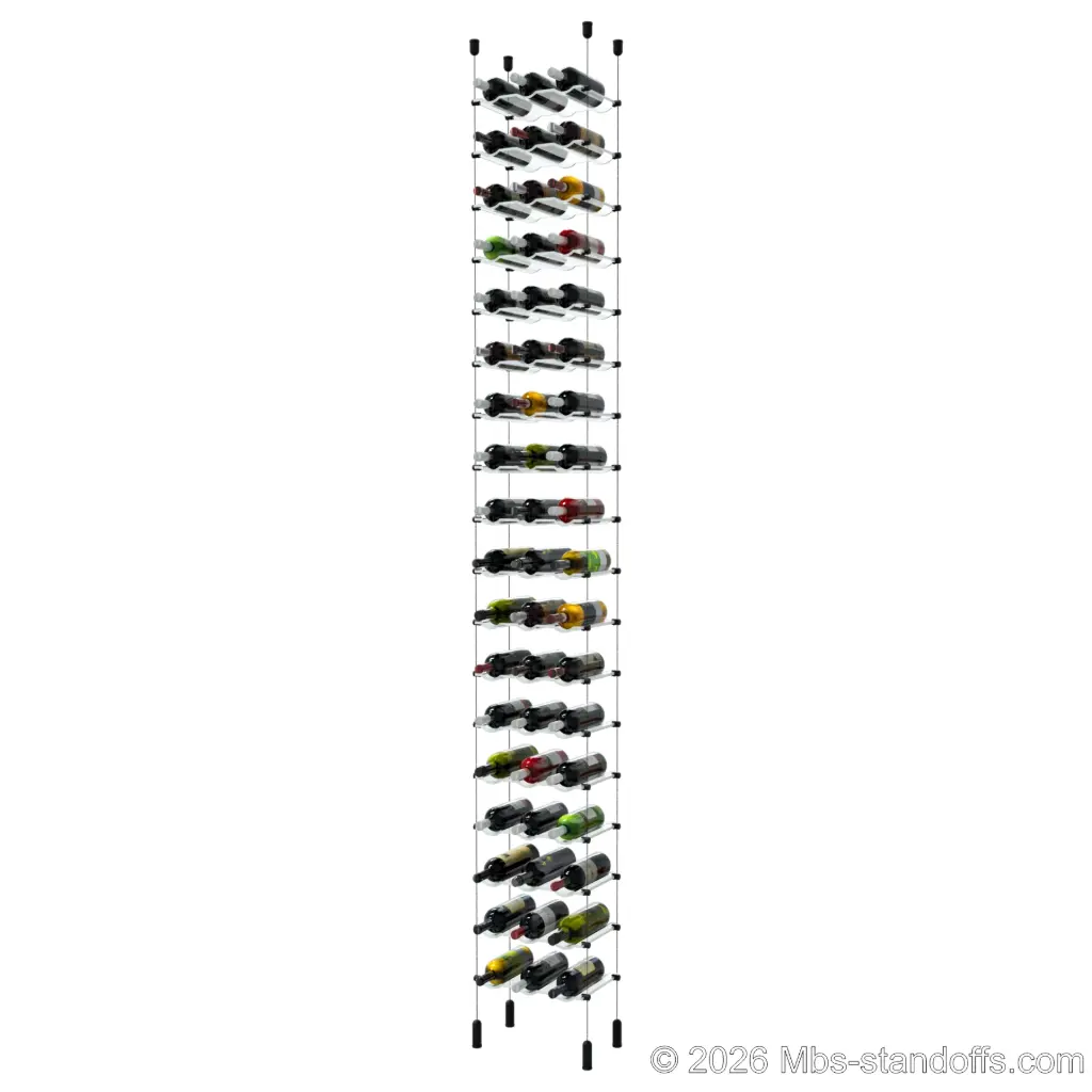 Viognier - Côte-Rôtie Collection Bottle Display Cable Cradle Kit, 54-Bottle (3x18) Capacity, Floating Cable System, 3-Bottle Wave Acrylic Cradle, Cable: 1/16″ Diameter, 13′-1″ Length with Matte Black Anodized Hanger