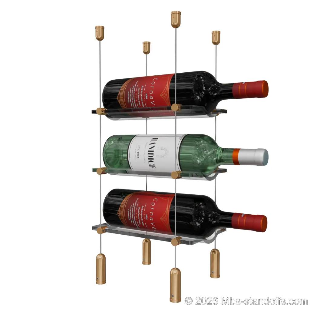 Viognier - Côte-Rôtie Collection Bottle Display Cable Cradle Kit, 3-Bottle Capacity, Floating Cable System, 1-Bottle Wave Acrylic Cradle, Cable: 1/16″ Diameter, 13′-1″ Length with Champagne Anodized Hanger