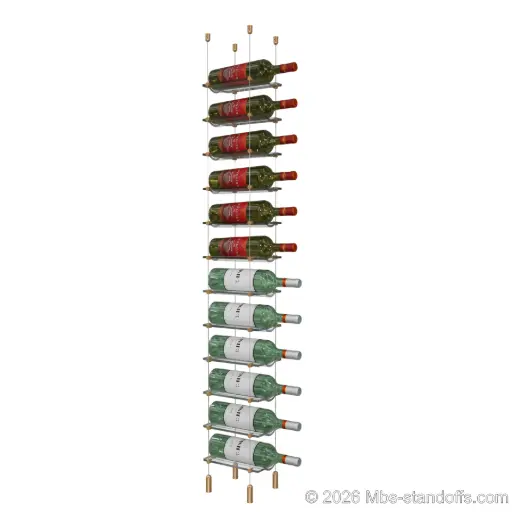 [ACG1904BR-CW01-K12] Viognier - Côte-Rôtie Collection Bottle Display Cable Cradle Kit, 12-Bottle Capacity, Floating Cable System, 1-Bottle Wave Acrylic Cradle, Cable: 1/16″ Diameter, 13′-1″ Length with Champagne Anodized Hanger