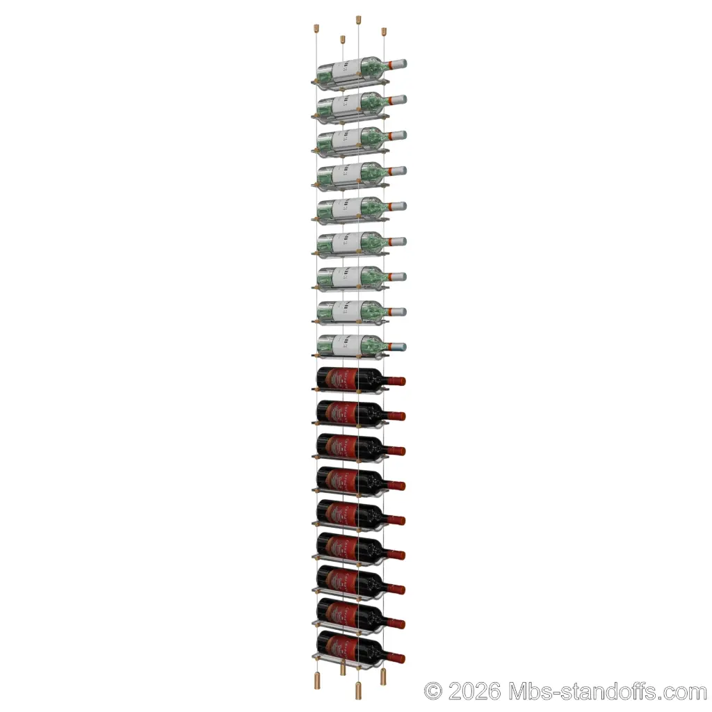 Viognier - Côte-Rôtie Collection Bottle Display Cable Cradle Kit, 18-Bottle Capacity, Floating Cable System, 1-Bottle Wave Acrylic Cradle, Cable: 1/16″ Diameter, 13′-1″ Length with Champagne Anodized Hanger