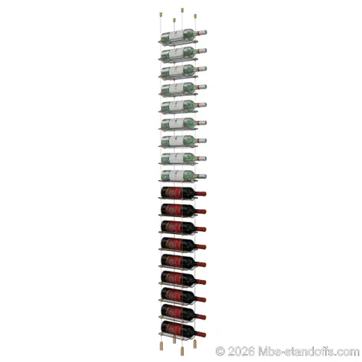 [ACG1904BR-CW01-K18] Viognier - Côte-Rôtie Collection Bottle Display Cable Cradle Kit, 18-Bottle Capacity, Floating Cable System, 1-Bottle Wave Acrylic Cradle, Cable: 1/16″ Diameter, 13′-1″ Length with Champagne Anodized Hanger