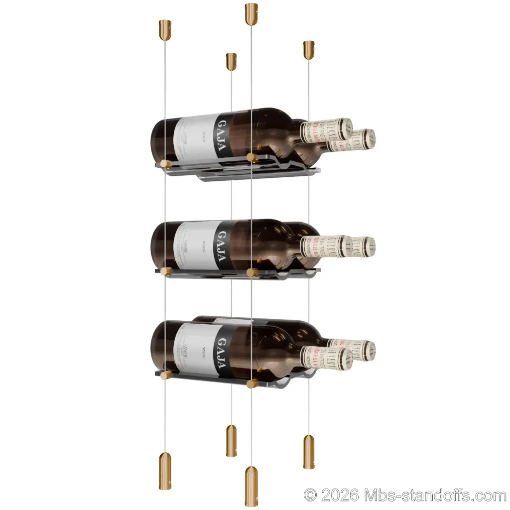 Viognier - Côte-Rôtie Collection Bottle Display Cable Cradle Kit, 6-Bottle (2x3) Capacity, Floating Cable System, 2-Bottle Wave Acrylic Cradle, Cable: 1/16″ Diameter, 13′-1″ Length with Champagne Anodized Hanger