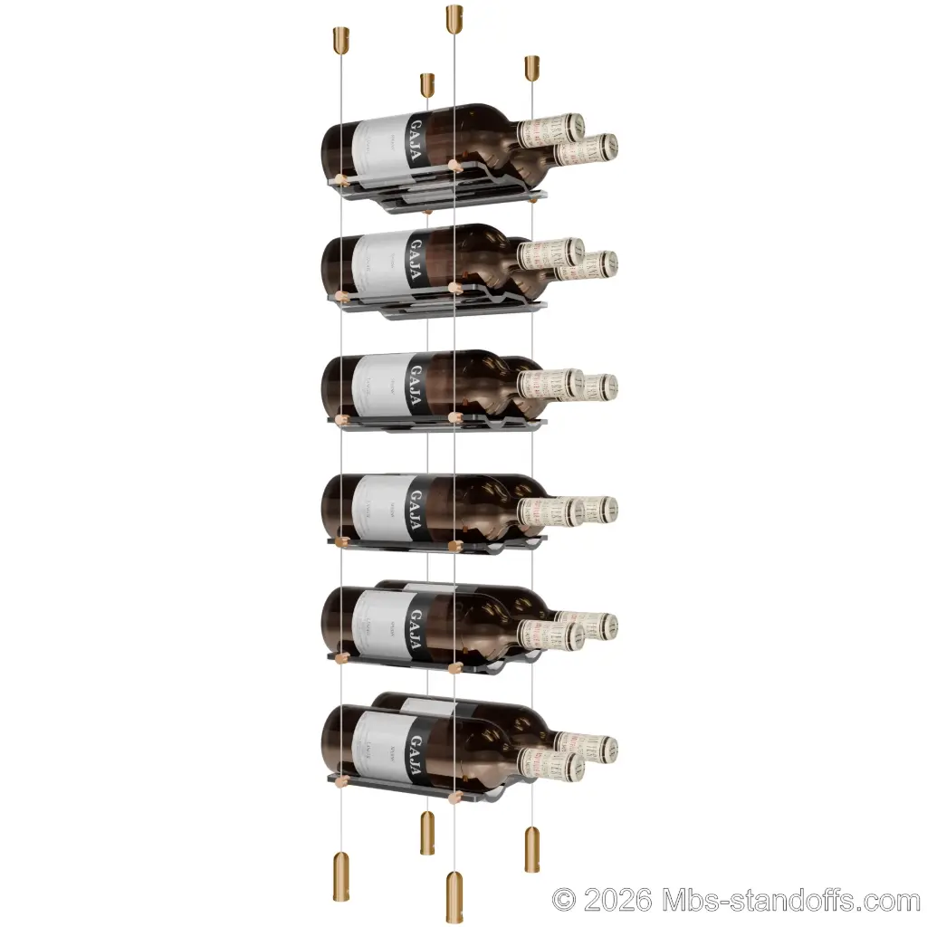 Viognier - Côte-Rôtie Collection Bottle Display Cable Cradle Kit, 12-Bottle (2x6) Capacity, Floating Cable System, 2-Bottle Wave Acrylic Cradle, Cable: 1/16″ Diameter, 13′-1″ Length with Champagne Anodized Hanger