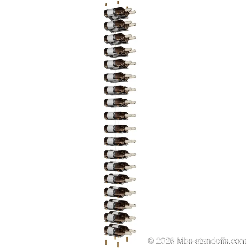 Viognier - Côte-Rôtie Collection Bottle Display Cable Cradle Kit, 36-Bottle (2x18) Capacity, Floating Cable System, 2-Bottle Wave Acrylic Cradle, Cable: 1/16″ Diameter, 13′-1″ Length with Champagne Anodized Hanger