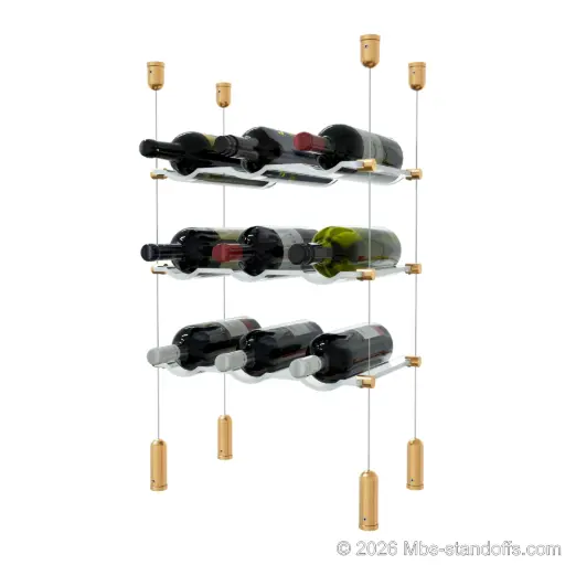 [ACG1904BR-CW03-K3] Viognier - Côte-Rôtie Collection Bottle Display Cable Cradle Kit, 9-Bottle (3x3) Capacity, Floating Cable System, 3-Bottle Wave Acrylic Cradle, Cable: 1/16″ Diameter, 13′-1″ Length with Champagne Anodized Hanger