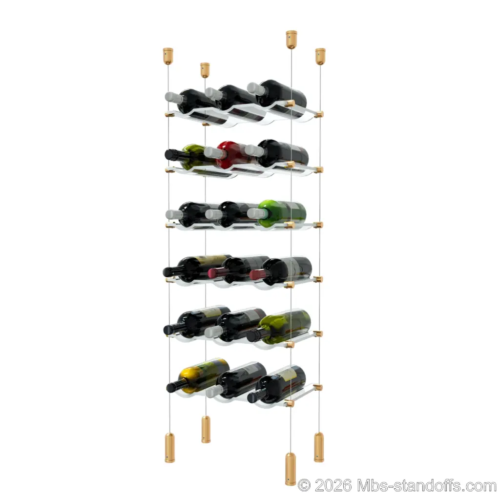 Viognier - Côte-Rôtie Collection Bottle Display Cable Cradle Kit, 18-Bottle (3x6) Capacity, Floating Cable System, 3-Bottle Wave Acrylic Cradle, Cable: 1/16″ Diameter, 13′-1″ Length with Champagne Anodized Hanger