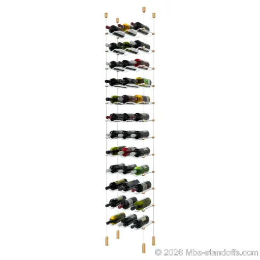 [ACG1904BR-CW03-K12] Viognier - Côte-Rôtie Collection Bottle Display Cable Cradle Kit, 36-Bottle (3x12) Capacity, Floating Cable System, 3-Bottle Wave Acrylic Cradle, Cable: 1/16″ Diameter, 13′-1″ Length with Champagne Anodized Hanger