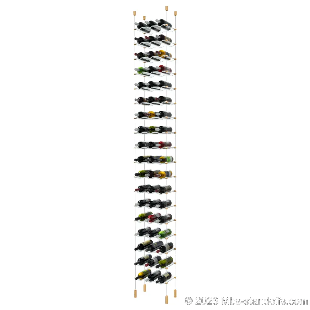 Viognier - Côte-Rôtie Collection Bottle Display Cable Cradle Kit, 54-Bottle (3x18) Capacity, Floating Cable System, 3-Bottle Wave Acrylic Cradle, Cable: 1/16″ Diameter, 13′-1″ Length with Champagne Anodized Hanger