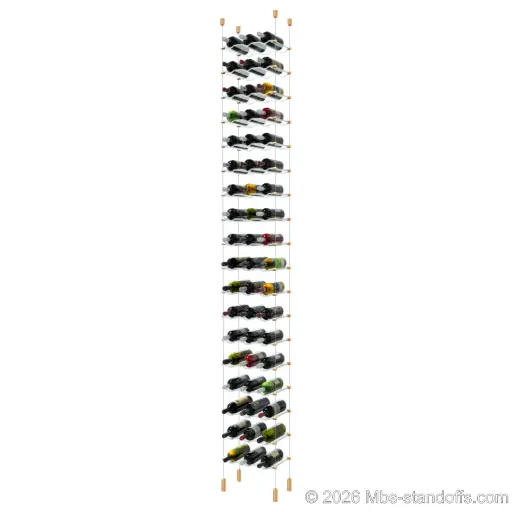 [ACG1904BR-CW03-K18] Viognier - Côte-Rôtie Collection Bottle Display Cable Cradle Kit, 54-Bottle (3x18) Capacity, Floating Cable System, 3-Bottle Wave Acrylic Cradle, Cable: 1/16″ Diameter, 13′-1″ Length with Champagne Anodized Hanger