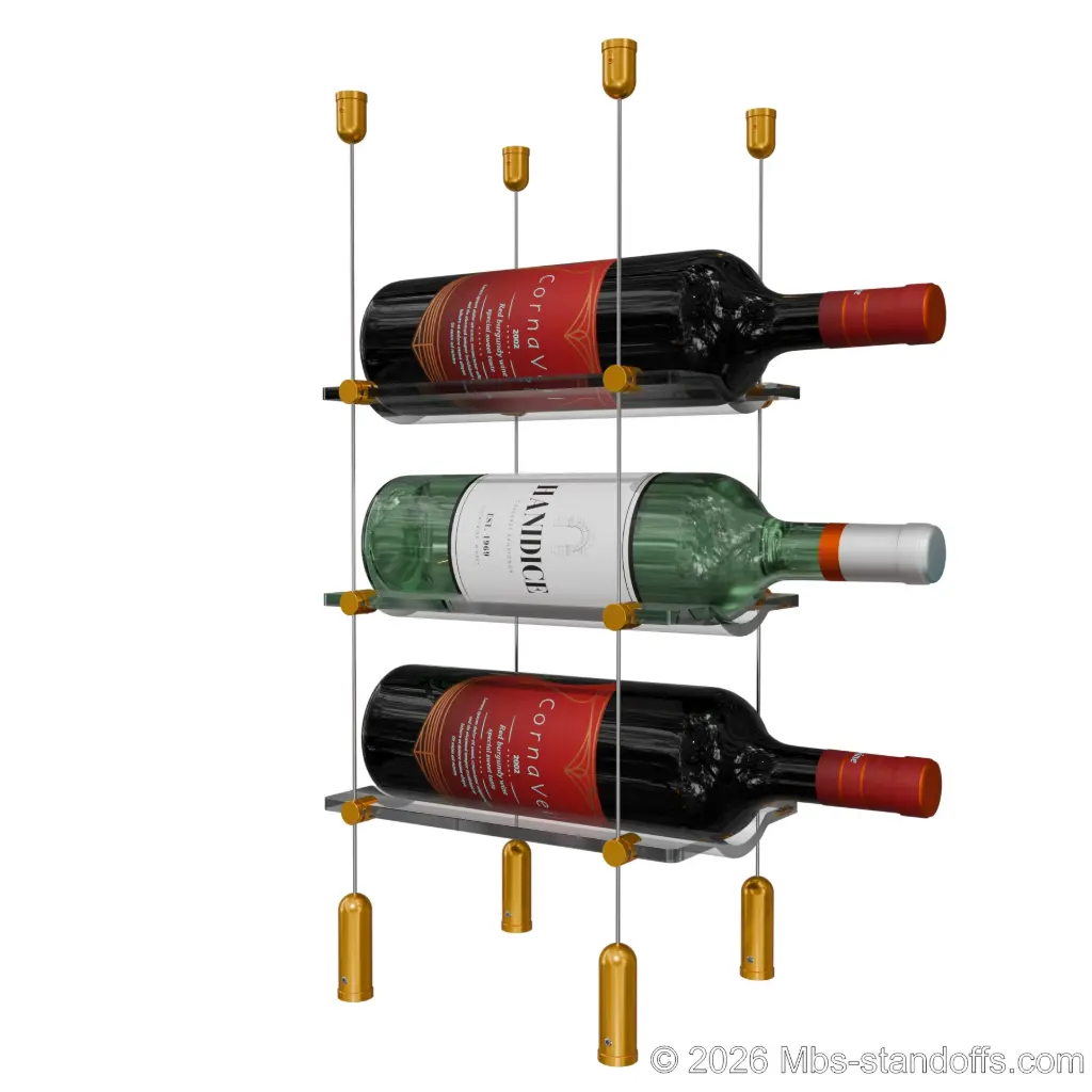 Viognier - Côte-Rôtie Collection Bottle Display Cable Cradle Kit, 3-Bottle Capacity, Floating Cable System, 1-Bottle Wave Acrylic Cradle, Cable: 1/16″ Diameter, 13′-1″ Length with Gold Anodized Hanger