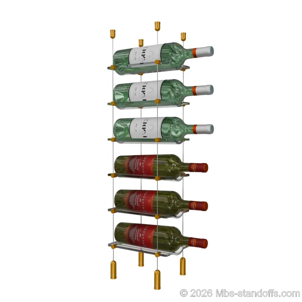 Viognier - Côte-Rôtie Collection Bottle Display Cable Cradle Kit, 6-Bottle Capacity, Floating Cable System, 1-Bottle Wave Acrylic Cradle, Cable: 1/16″ Diameter, 13′-1″ Length with Gold Anodized Hanger