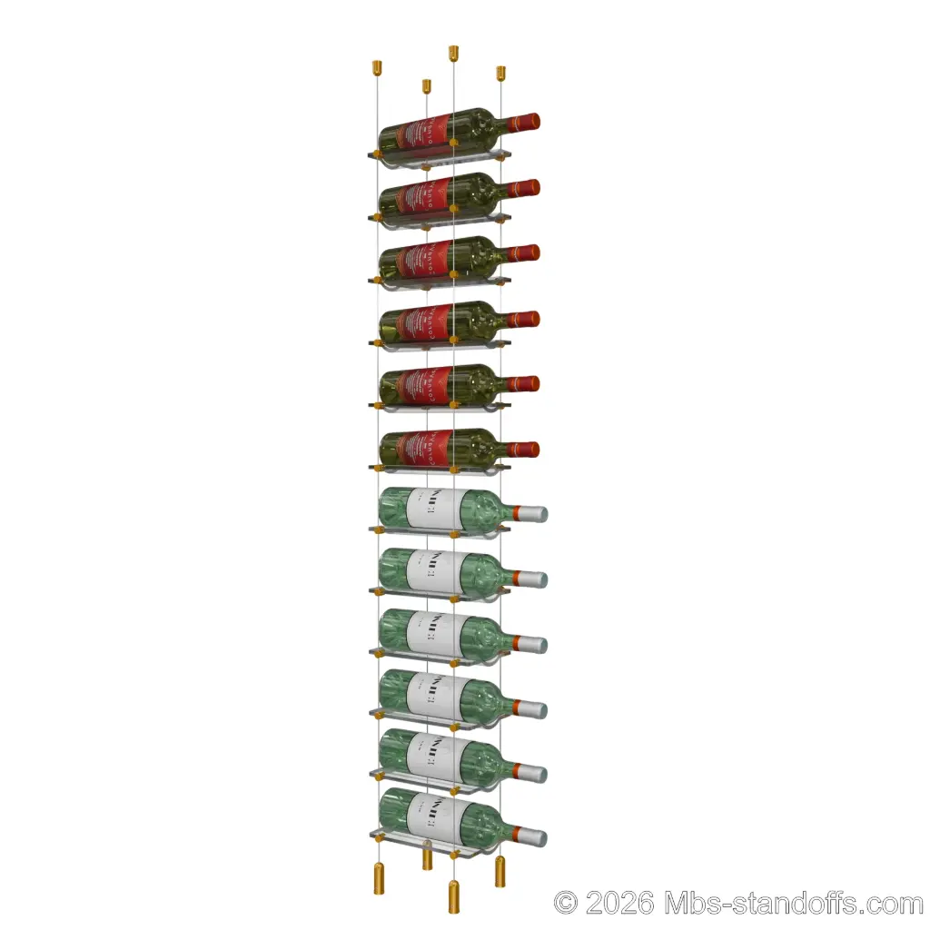 Viognier - Côte-Rôtie Collection Bottle Display Cable Cradle Kit, 12-Bottle Capacity, Floating Cable System, 1-Bottle Wave Acrylic Cradle, Cable: 1/16″ Diameter, 13′-1″ Length with Gold Anodized Hanger