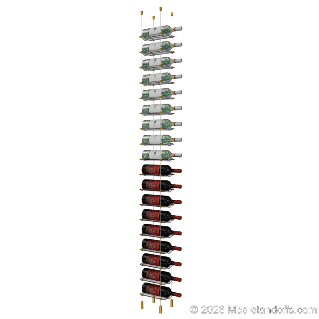 Viognier - Côte-Rôtie Collection Bottle Display Cable Cradle Kit, 18-Bottle Capacity, Floating Cable System, 1-Bottle Wave Acrylic Cradle, Cable: 1/16″ Diameter, 13′-1″ Length with Gold Anodized Hanger