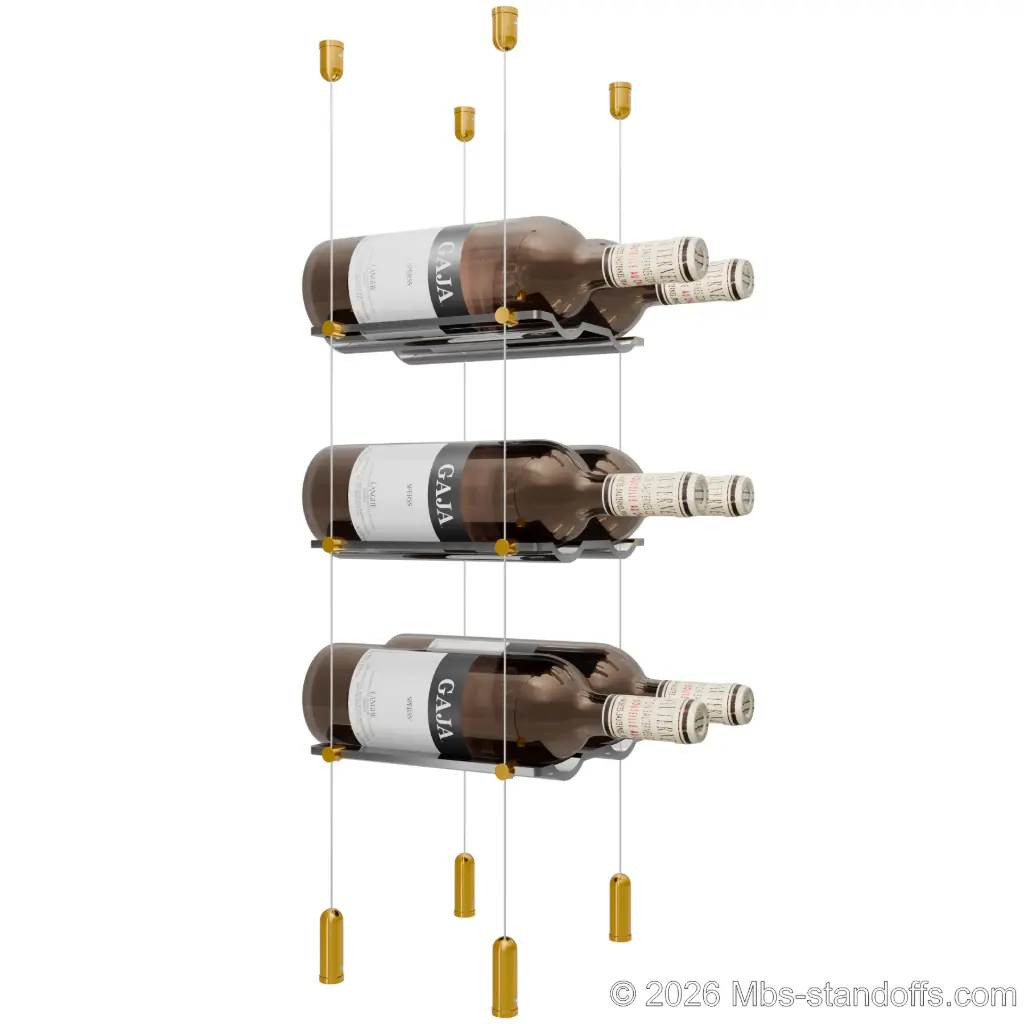 Viognier - Côte-Rôtie Collection Bottle Display Cable Cradle Kit, 6-Bottle (2x3) Capacity, Floating Cable System, 2-Bottle Wave Acrylic Cradle, Cable: 1/16″ Diameter, 13′-1″ Length with Gold Anodized Hanger