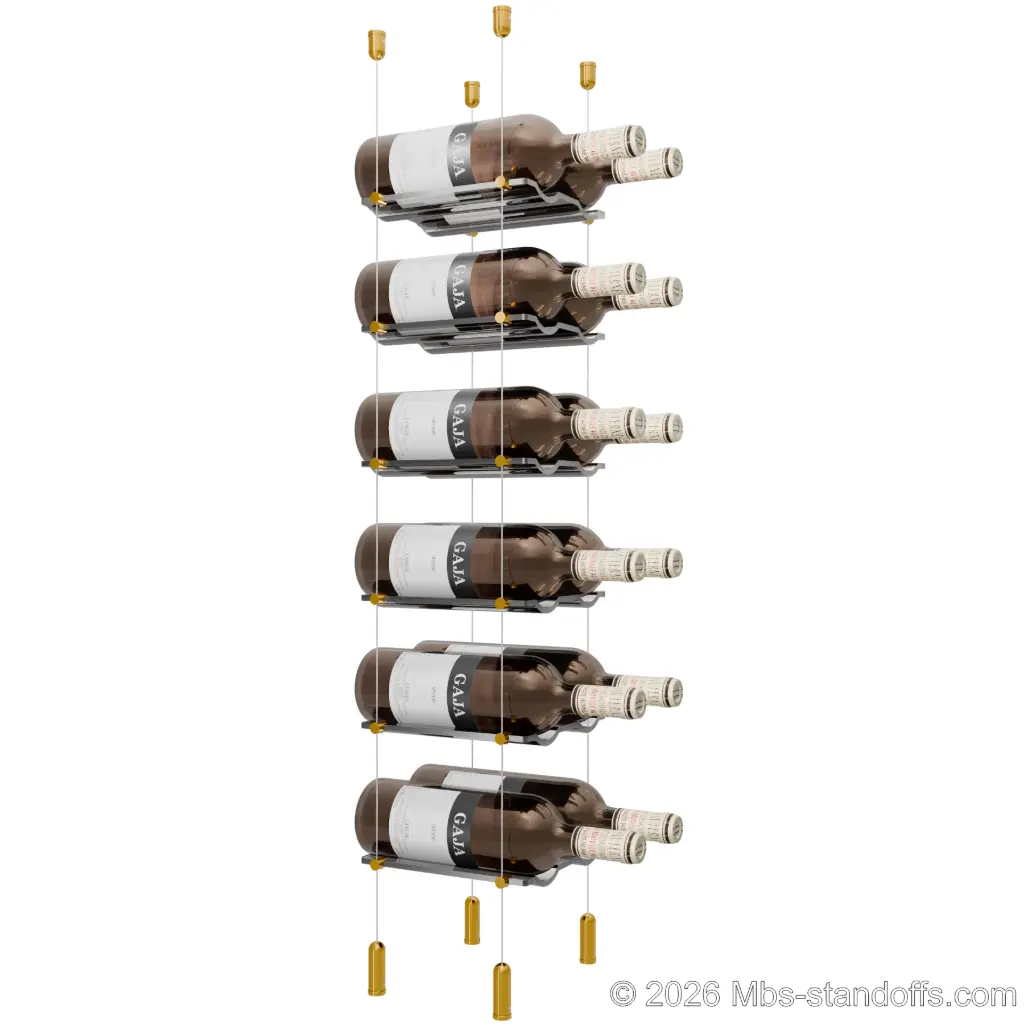 Viognier - Côte-Rôtie Collection Bottle Display Cable Cradle Kit, 12-Bottle (2x6) Capacity, Floating Cable System, 2-Bottle Wave Acrylic Cradle, Cable: 1/16″ Diameter, 13′-1″ Length with Gold Anodized Hanger