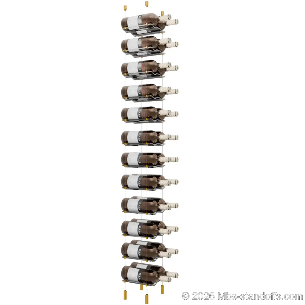Viognier - Côte-Rôtie Collection Bottle Display Cable Cradle Kit, 24-Bottle (2x12) Capacity, Floating Cable System, 2-Bottle Wave Acrylic Cradle, Cable: 1/16″ Diameter, 13′-1″ Length with Gold Anodized Hanger