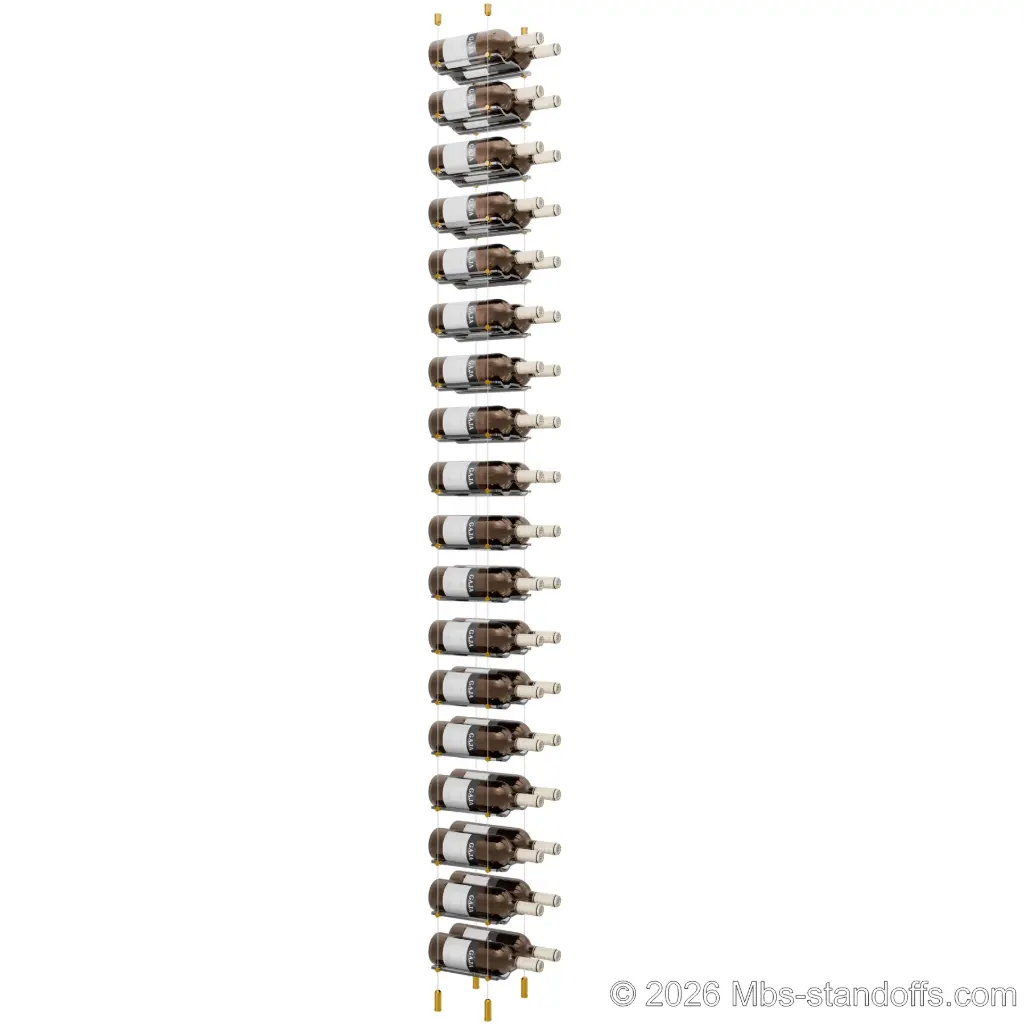 Viognier - Côte-Rôtie Collection Bottle Display Cable Cradle Kit, 36-Bottle (2x18) Capacity, Floating Cable System, 2-Bottle Wave Acrylic Cradle, Cable: 1/16″ Diameter, 13′-1″ Length with Gold Anodized Hanger